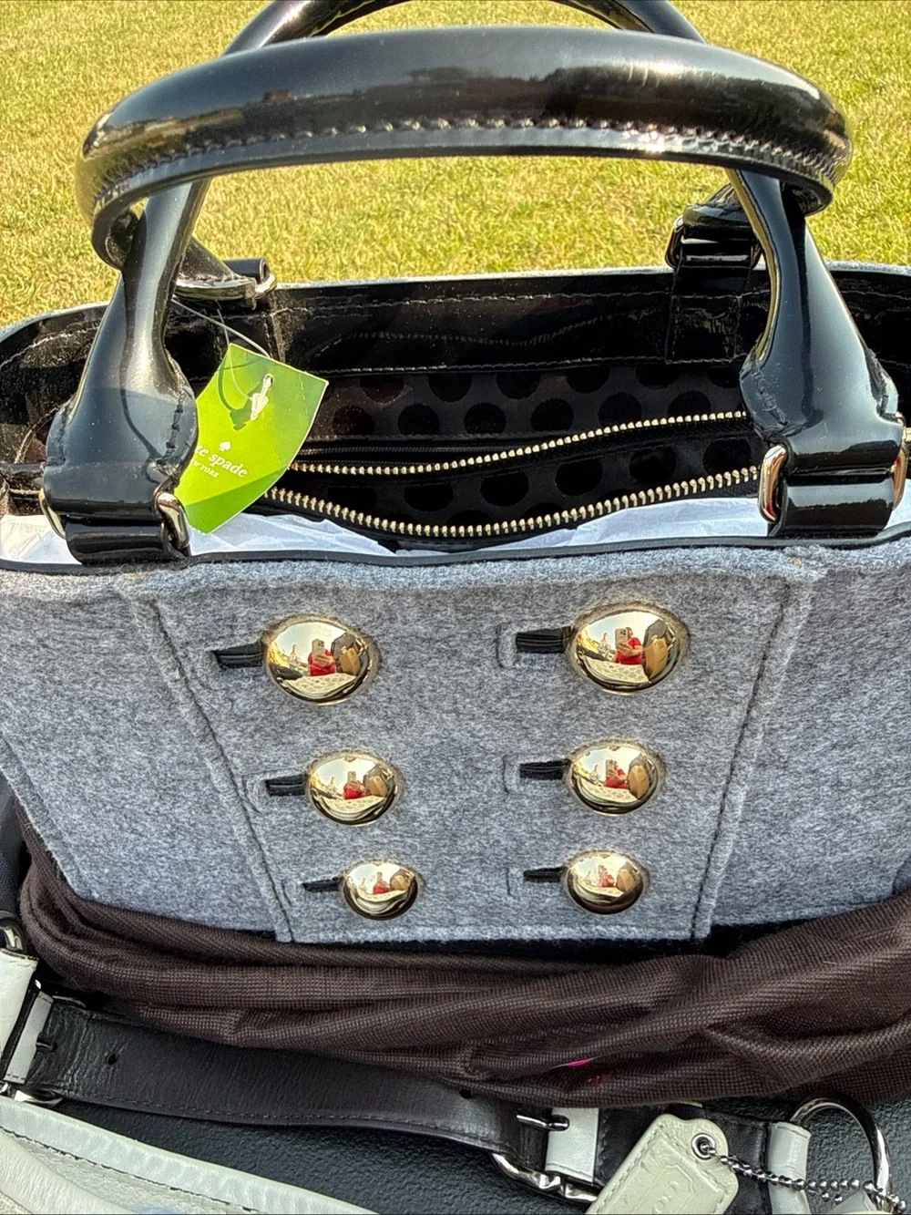 kate spade Gray Felt Tote with Black Patent Handles & Gold Buttons